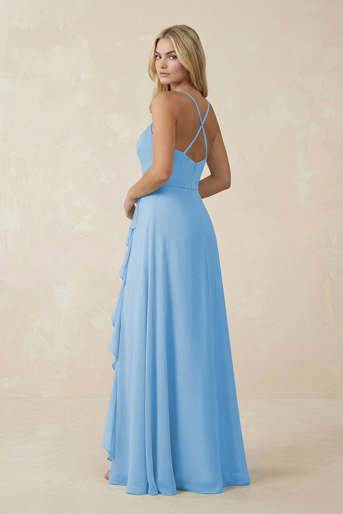 KissProm Ruffled Hem A-Line Chiffon Bridesmaid Dress in Steel Blue, Steel Blue / 26