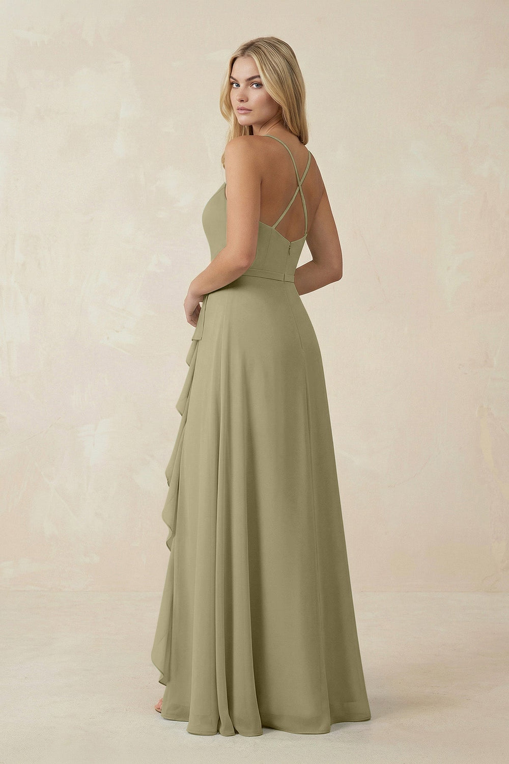 Ruffled Hem A-Line Chiffon Bridesmaid Dress in Thyme - KissProm BRIDESMAID DRESSES