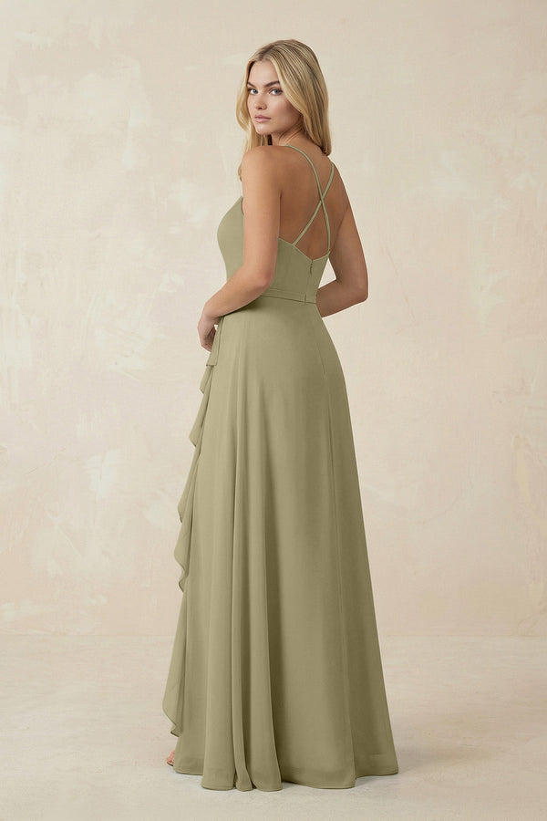 Ruffled Hem A-Line Chiffon Bridesmaid Dress in Thyme - KissProm BRIDESMAID DRESSES