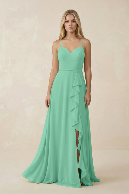 Ruffled Hem A-Line Chiffon Bridesmaid Dress in Turquoise - KissProm BRIDESMAID DRESSES