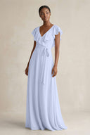 A-Line V-Neck Ruffled Sleeve Chiffon Bridesmaid Dress in Ice - KissProm BRIDESMAID DRESSES