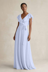 A-Line V-Neck Ruffled Sleeve Chiffon Bridesmaid Dress in Ice - KissProm BRIDESMAID DRESSES