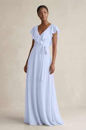A-Line V-Neck Ruffled Sleeve Chiffon Bridesmaid Dress in Ice - KissProm BRIDESMAID DRESSES