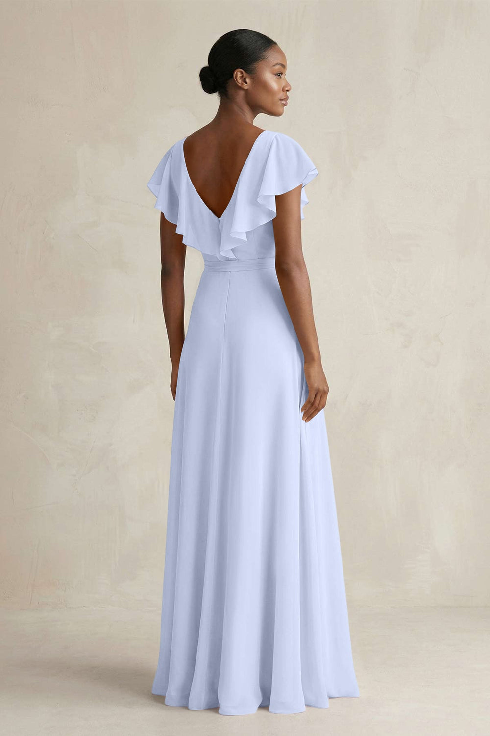 A-Line V-Neck Ruffled Sleeve Chiffon Bridesmaid Dress in Ice - KissProm BRIDESMAID DRESSES