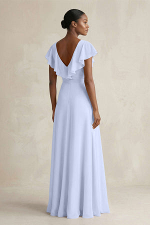 A-Line V-Neck Ruffled Sleeve Chiffon Bridesmaid Dress in Ice - KissProm BRIDESMAID DRESSES