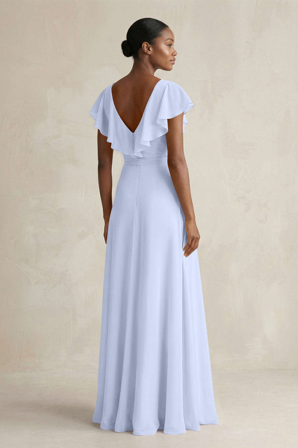 A-Line V-Neck Ruffled Sleeve Chiffon Bridesmaid Dress in Ice - KissProm BRIDESMAID DRESSES