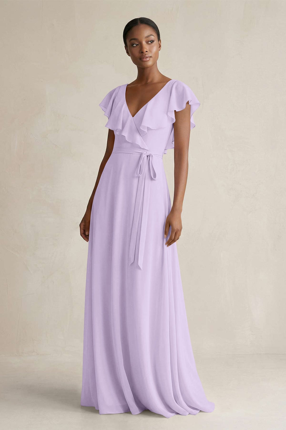 A-Line V-Neck Ruffled Sleeve Chiffon Bridesmaid Dress in Lavender - KissProm BRIDESMAID DRESSES