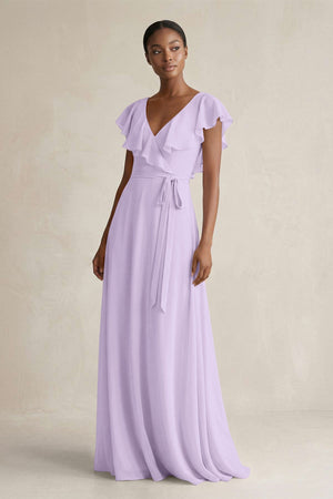 A-Line V-Neck Ruffled Sleeve Chiffon Bridesmaid Dress in Lavender - KissProm BRIDESMAID DRESSES