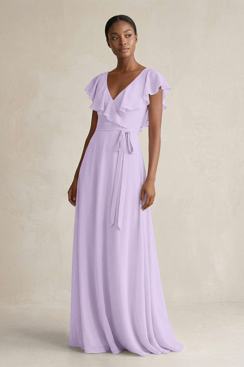 A-Line V-Neck Ruffled Sleeve Chiffon Bridesmaid Dress in Lavender - KissProm BRIDESMAID DRESSES