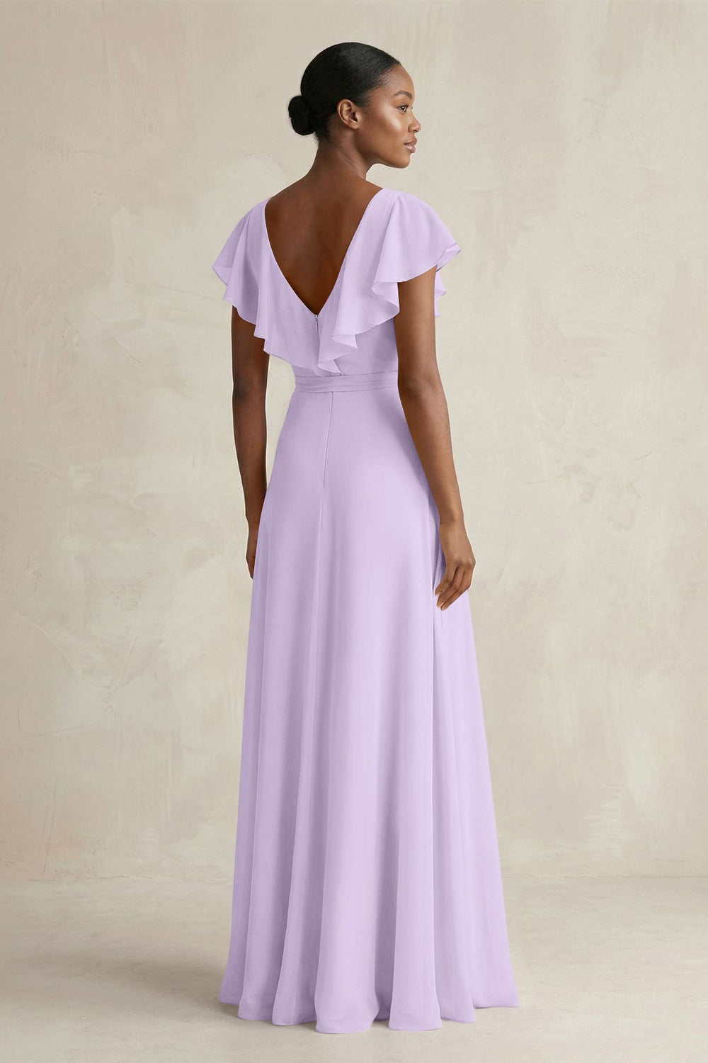 A-Line V-Neck Ruffled Sleeve Chiffon Bridesmaid Dress in Lavender - KissProm BRIDESMAID DRESSES