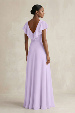 A-Line V-Neck Ruffled Sleeve Chiffon Bridesmaid Dress in Lavender - KissProm BRIDESMAID DRESSES