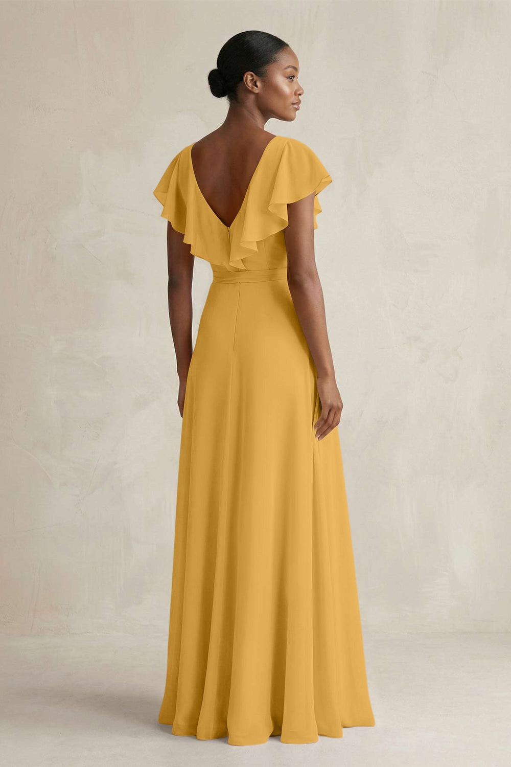 A-Line V-Neck Ruffled Sleeve Chiffon Bridesmaid Dress in Marigold - KissProm BRIDESMAID DRESSES