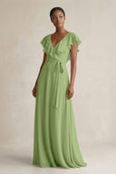 A-Line V-Neck Ruffled Sleeve Chiffon Bridesmaid Dress in Matcha - KissProm BRIDESMAID DRESSES