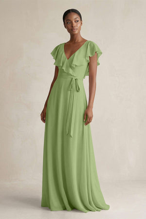 A-Line V-Neck Ruffled Sleeve Chiffon Bridesmaid Dress in Matcha - KissProm BRIDESMAID DRESSES