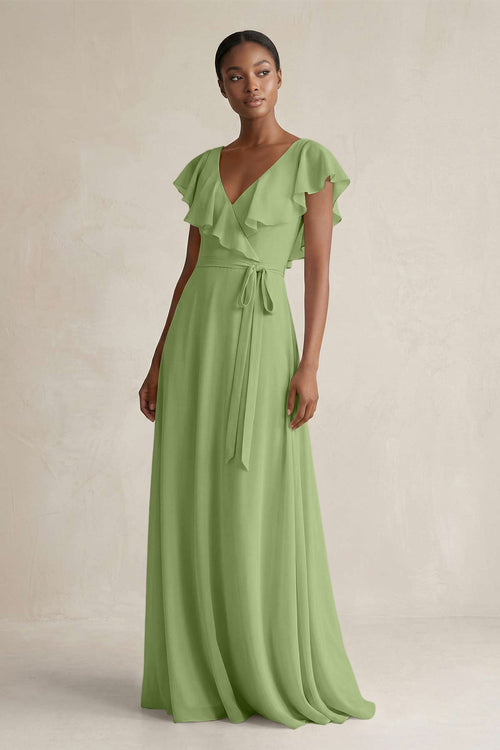 A-Line V-Neck Ruffled Sleeve Chiffon Bridesmaid Dress in Matcha - KissProm BRIDESMAID DRESSES
