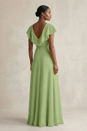 A-Line V-Neck Ruffled Sleeve Chiffon Bridesmaid Dress in Matcha - KissProm BRIDESMAID DRESSES