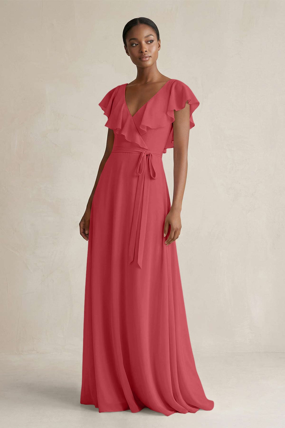 A-Line V-Neck Ruffled Sleeve Chiffon Bridesmaid Dress in Merlot - KissProm BRIDESMAID DRESSES
