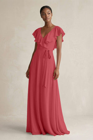 A-Line V-Neck Ruffled Sleeve Chiffon Bridesmaid Dress in Merlot - KissProm BRIDESMAID DRESSES