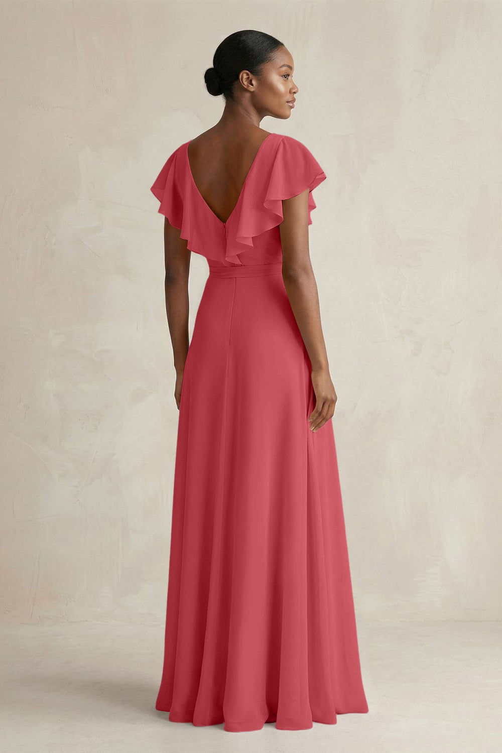 A-Line V-Neck Ruffled Sleeve Chiffon Bridesmaid Dress in Merlot - KissProm BRIDESMAID DRESSES