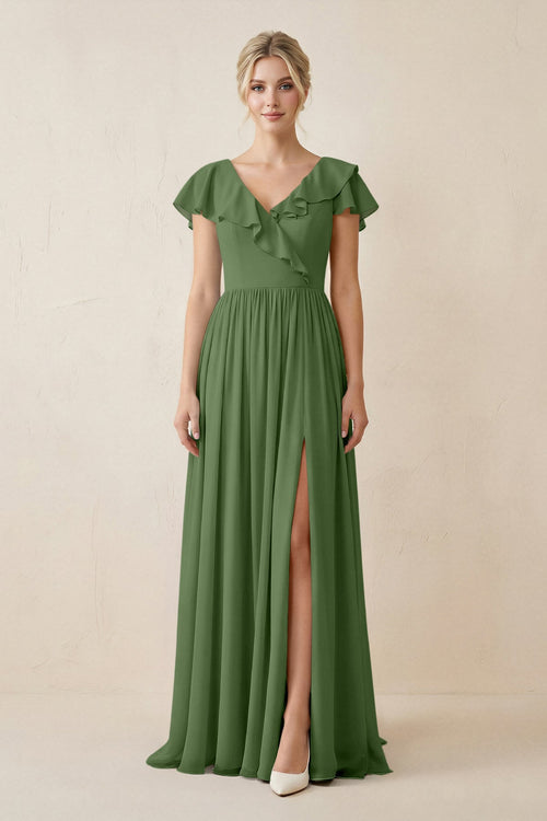 Cap Sleeve A-Line Ruffled Chiffon Bridesmaid Dress in Moss, Moss / 18