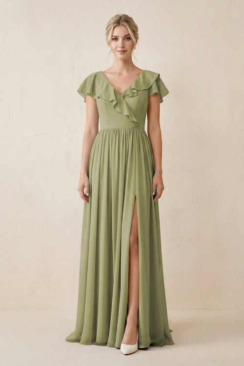 caesar salad dressing recipe with anchovies Cap Sleeve A-Line Ruffled Chiffon Bridesmaid Dress in Moss Green