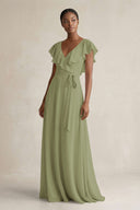 A-Line V-Neck Ruffled Sleeve Chiffon Bridesmaid Dress in Moss Green - KissProm BRIDESMAID DRESSES