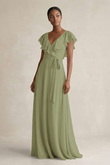 A-Line V-Neck Ruffled Sleeve Chiffon Bridesmaid Dress in Moss Green - KissProm BRIDESMAID DRESSES