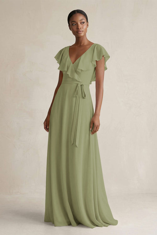 A-Line V-Neck Ruffled Sleeve Chiffon Bridesmaid Dress in Moss Green - KissProm BRIDESMAID DRESSES