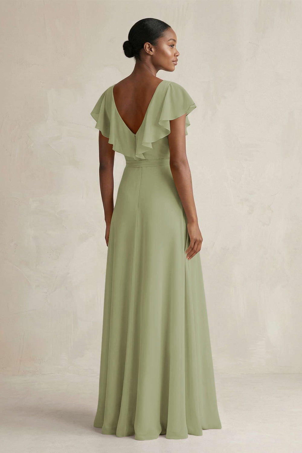 A-Line V-Neck Ruffled Sleeve Chiffon Bridesmaid Dress in Moss Green - KissProm BRIDESMAID DRESSES