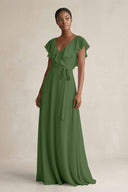 A-Line V-Neck Ruffled Sleeve Chiffon Bridesmaid Dress in Moss - KissProm BRIDESMAID DRESSES