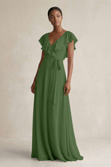A-Line V-Neck Ruffled Sleeve Chiffon Bridesmaid Dress in Moss - KissProm BRIDESMAID DRESSES