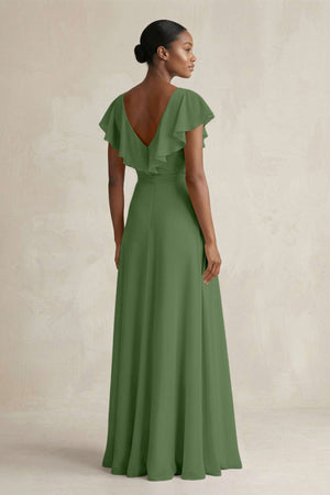 A-Line V-Neck Ruffled Sleeve Chiffon Bridesmaid Dress in Moss - KissProm BRIDESMAID DRESSES