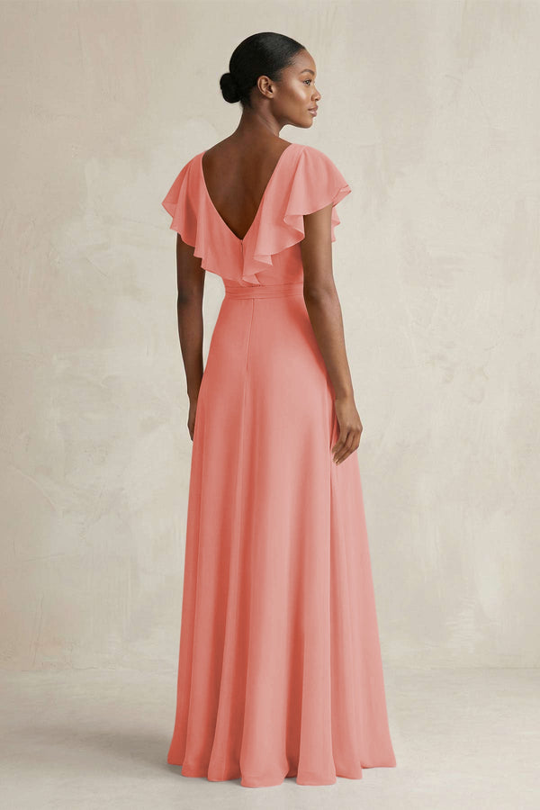 A-Line V-Neck Ruffled Sleeve Chiffon Bridesmaid Dress in Mulberry - KissProm BRIDESMAID DRESSES