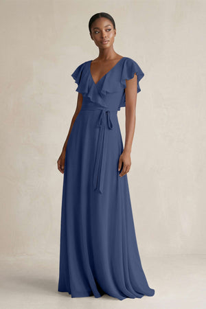 A-Line V-Neck Ruffled Sleeve Chiffon Bridesmaid Dress in Navy - KissProm BRIDESMAID DRESSES