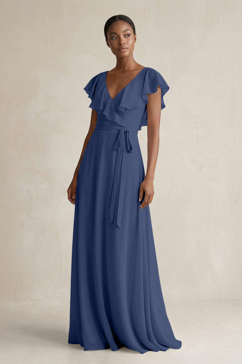 navy v neck bridesmaid dress Deep V Neck Light Blue Elegant Red Ball Gown Prom Dress main image 1