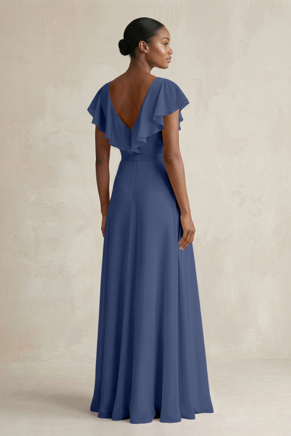 A-Line V-Neck Ruffled Sleeve Chiffon Bridesmaid Dress in Navy - KissProm BRIDESMAID DRESSES