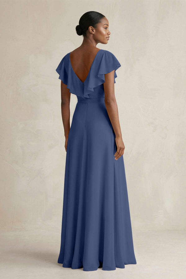 A-Line V-Neck Ruffled Sleeve Chiffon Bridesmaid Dress in Navy - KissProm BRIDESMAID DRESSES