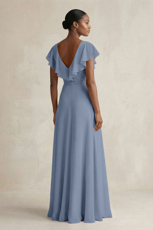 A-Line V-Neck Ruffled Sleeve Chiffon Bridesmaid Dress in Neptune - KissProm BRIDESMAID DRESSES