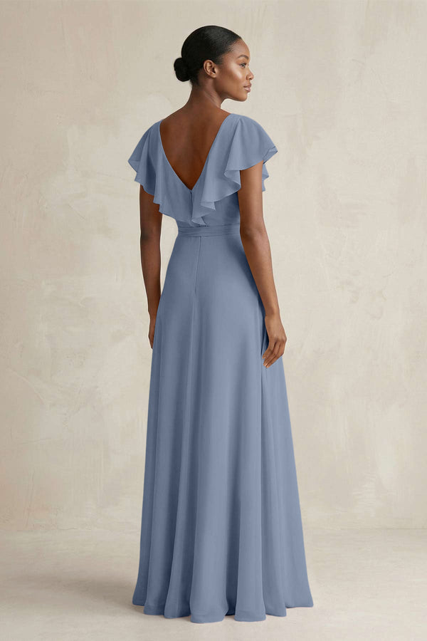 A-Line V-Neck Ruffled Sleeve Chiffon Bridesmaid Dress in Neptune - KissProm BRIDESMAID DRESSES