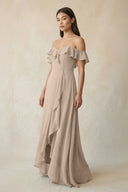 Ruffled Off-the-Shoulder A-Line Chiffon Bridesmaid Dress in Almond - KissProm BRIDESMAID DRESSES