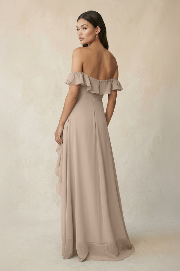 Ruffled Off-the-Shoulder A-Line Chiffon Bridesmaid Dress in Almond - KissProm BRIDESMAID DRESSES