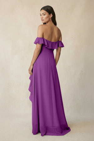 Ruffled Off-the-Shoulder A-Line Chiffon Bridesmaid Dress in Amethyst - KissProm BRIDESMAID DRESSES