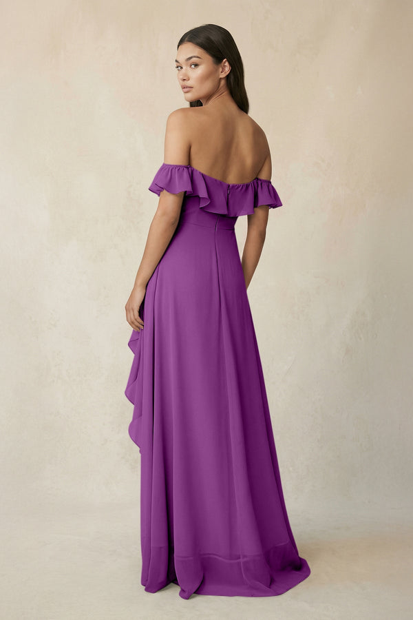 Ruffled Off-the-Shoulder A-Line Chiffon Bridesmaid Dress in Amethyst - KissProm BRIDESMAID DRESSES