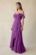 Ruffled Off-the-Shoulder A-Line Chiffon Bridesmaid Dress in Amethyst - KissProm BRIDESMAID DRESSES
