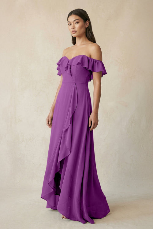 Ruffled Off-the-Shoulder A-Line Chiffon Bridesmaid Dress in Amethyst - KissProm BRIDESMAID DRESSES
