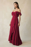 Ruffled Off-the-Shoulder A-Line Chiffon Bridesmaid Dress in Berry - KissProm BRIDESMAID DRESSES