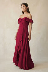 Ruffled Off-the-Shoulder A-Line Chiffon Bridesmaid Dress in Berry - KissProm BRIDESMAID DRESSES