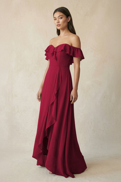 Ruffled Off-the-Shoulder A-Line Chiffon Bridesmaid Dress in Berry - KissProm BRIDESMAID DRESSES
