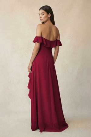 Ruffled Off-the-Shoulder A-Line Chiffon Bridesmaid Dress in Berry - KissProm BRIDESMAID DRESSES