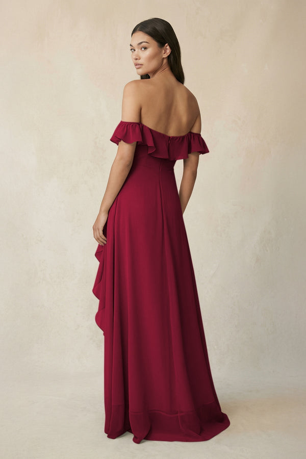 Ruffled Off-the-Shoulder A-Line Chiffon Bridesmaid Dress in Berry - KissProm BRIDESMAID DRESSES